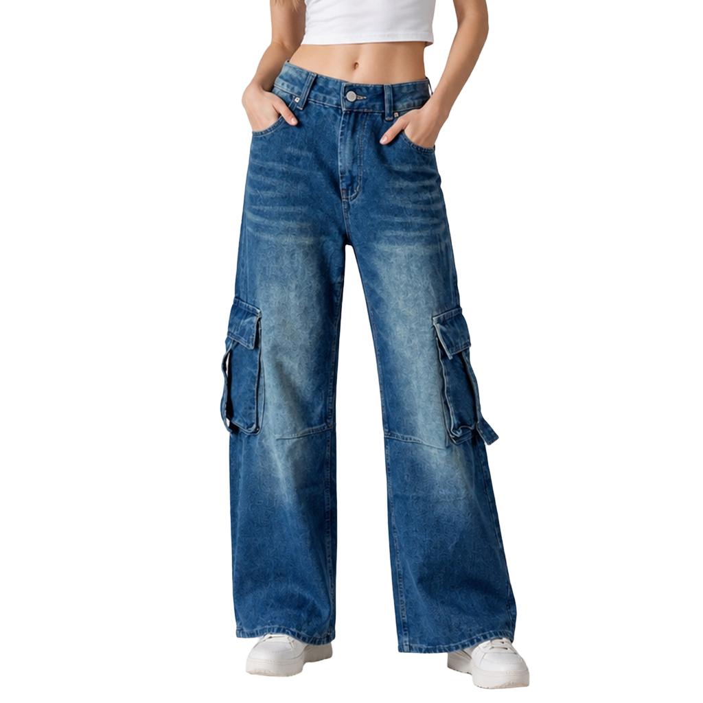 Women's Casual Straight Leg Jeans with Pockets - Loose Fit Denim Pants