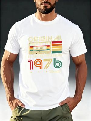 Men's Vintage 1976 Cassette Tape T-Shirt - Retro ORIGINAL 1976 Print Short Sleeve Round Neck Tee
