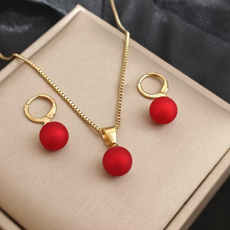 

Набор из 3 элегантных красных серег-подвесок из искусственного жемчуга и ожерелья, классический дизайн из сплава со сверкающими стразами,