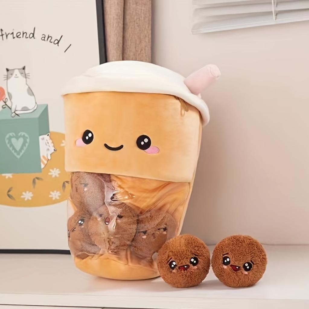 Cute Boba Milk Tea Plushie Toy Soft Stuffed Milk Tea Hug Pillow Balls Bubo Tea Cushion For Kids Girls Gifts Birthday Valentine