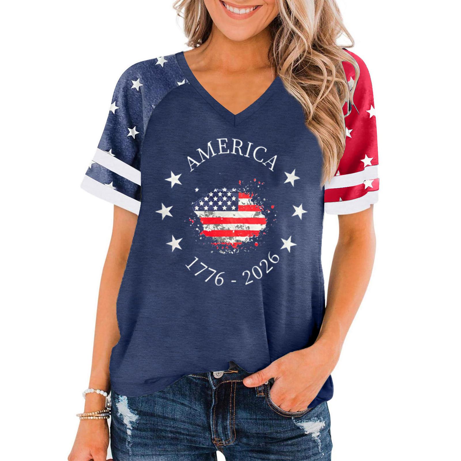

Women Casual V Neck Short Sleeve Pullover T Shirt Independence Day Graphic Print Top Loose Fit Comfortable Summer Tee M Темно-синій