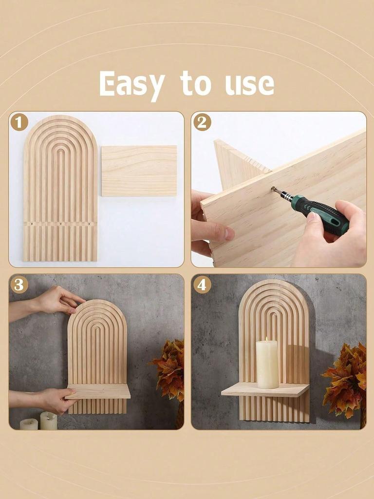 1/2pcs Wooden Wall-Mounted Decor Shelf, Bohemian Wall-Mounted Bookshelf, Boho Style Display Rack, Candle Holder For Living Room
