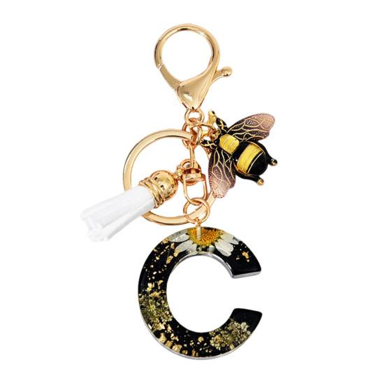 Dried Flower Letter Charm Bee Keychain Pendant Resin Black 1 Pc
