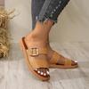 Modische Damen Sommer Einfache und Vielseitige Flache Sandalen Mode Slip-On Quadratische Schnalle Lässige Strandsandalen Sandalias De Mujer 43