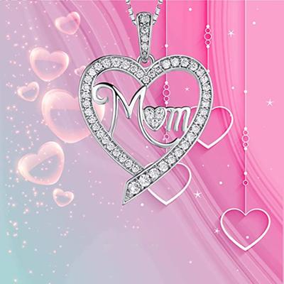 Mom Letter Heart Pendant Necklace Sparkling Stone Inlaid Love Design Clavicle Chain for Mom Gift On Mothers Day Birthday