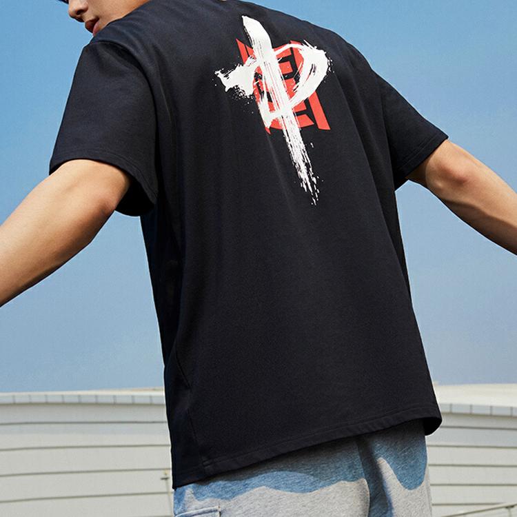 Anta Letter Embroidered Printed Loose Sports Straight T-Shirt Men Tops Black 952127121-6