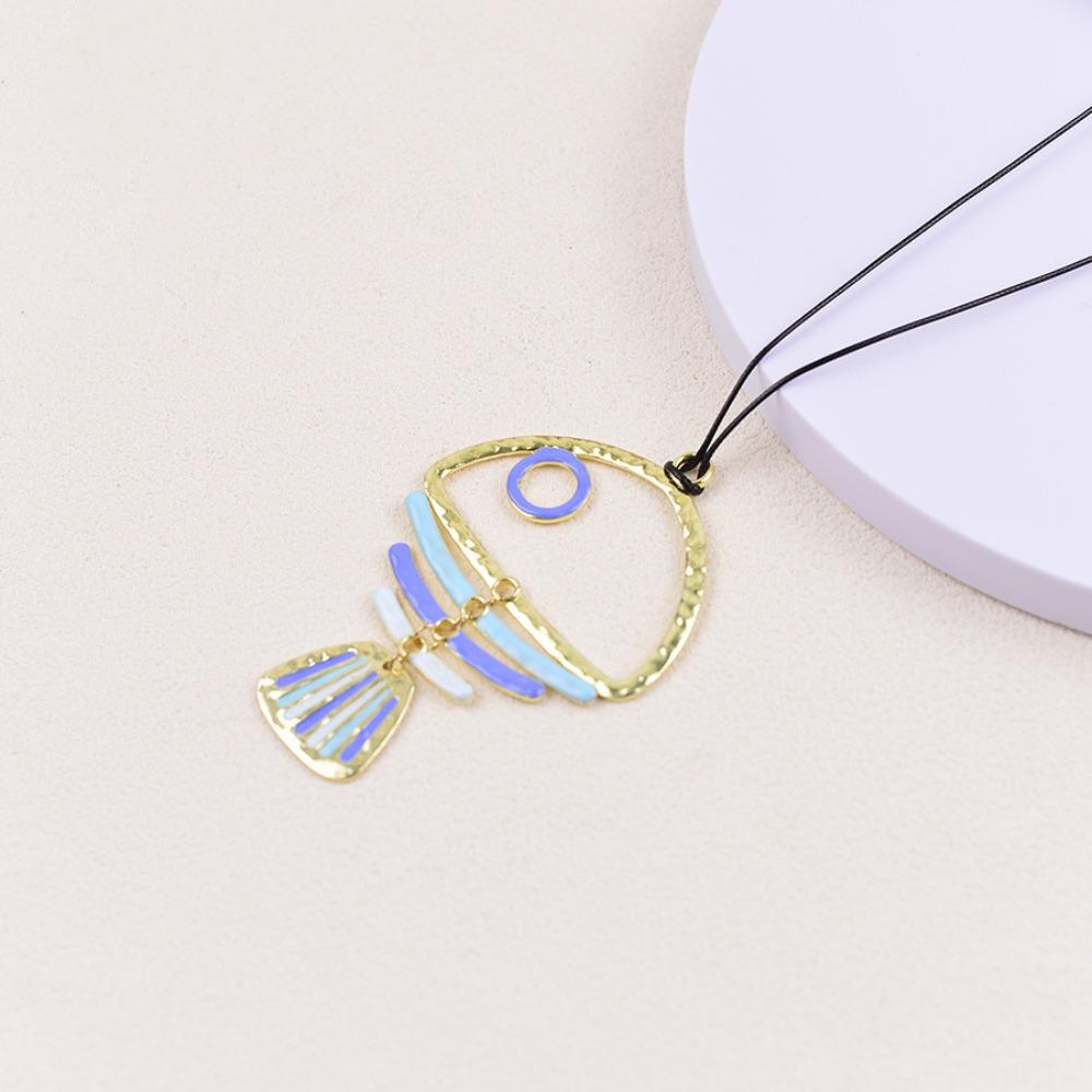 Exquisite Cute Gradient Blue Hollowed-out Fishbone Pendant Black Leather Rope Necklace for Women Creative Fashion Jewelry Gifts