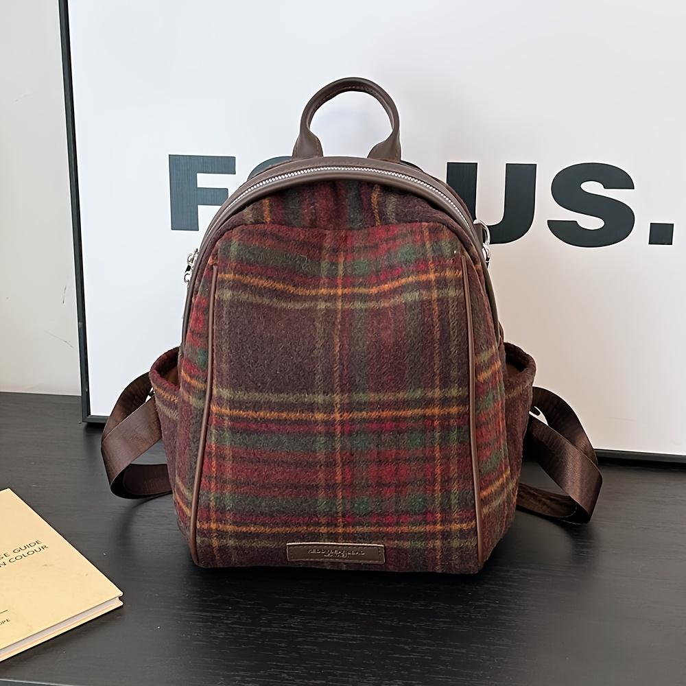 Casual Vintage Plaid Nylon Backpack for Women Large Capacity Zippered Adjustable Shoulder Straps Polyester Lined Carry-Over Daypack