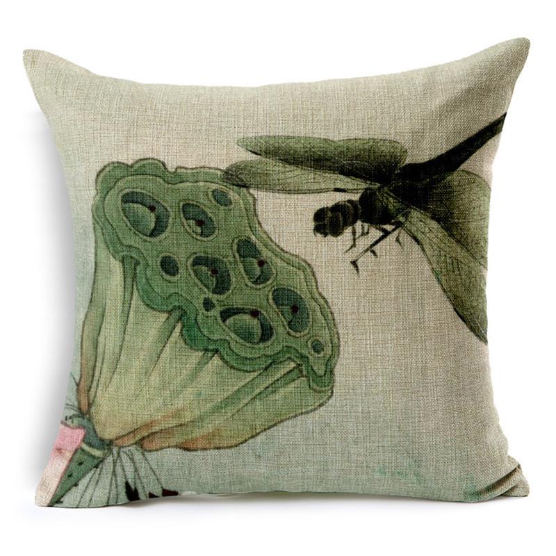 Vintage Style Decorative Throw Pillows Lotus Flower Linen Seat Retro Cushion Cover For Sofa Home Decor Funda Cojines 45Cm