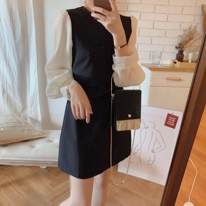 V-Neck Waist-Cinching Short Dress, Slimming Faux Two-Piece for Petite Women, Spring & Summer Fashion. One Size чёрный