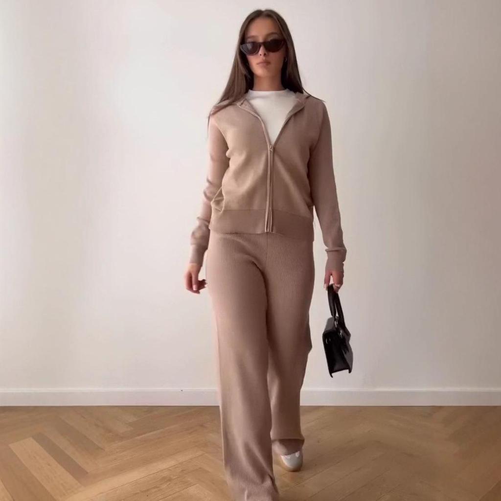 2025 Autumn Women's Ribbed Round Neck Zip-Up Knit Jacket & Wide Leg Pants Set