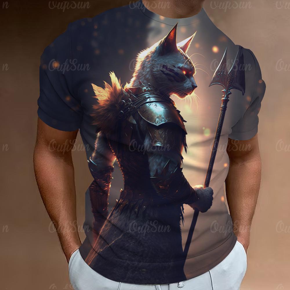 Samurai Cat T-Shirts For Men 3d Print Men'S Clothing Street Designer Short Sleeved Tops Tees Oversized T-Shirt Casual Sweatshirt