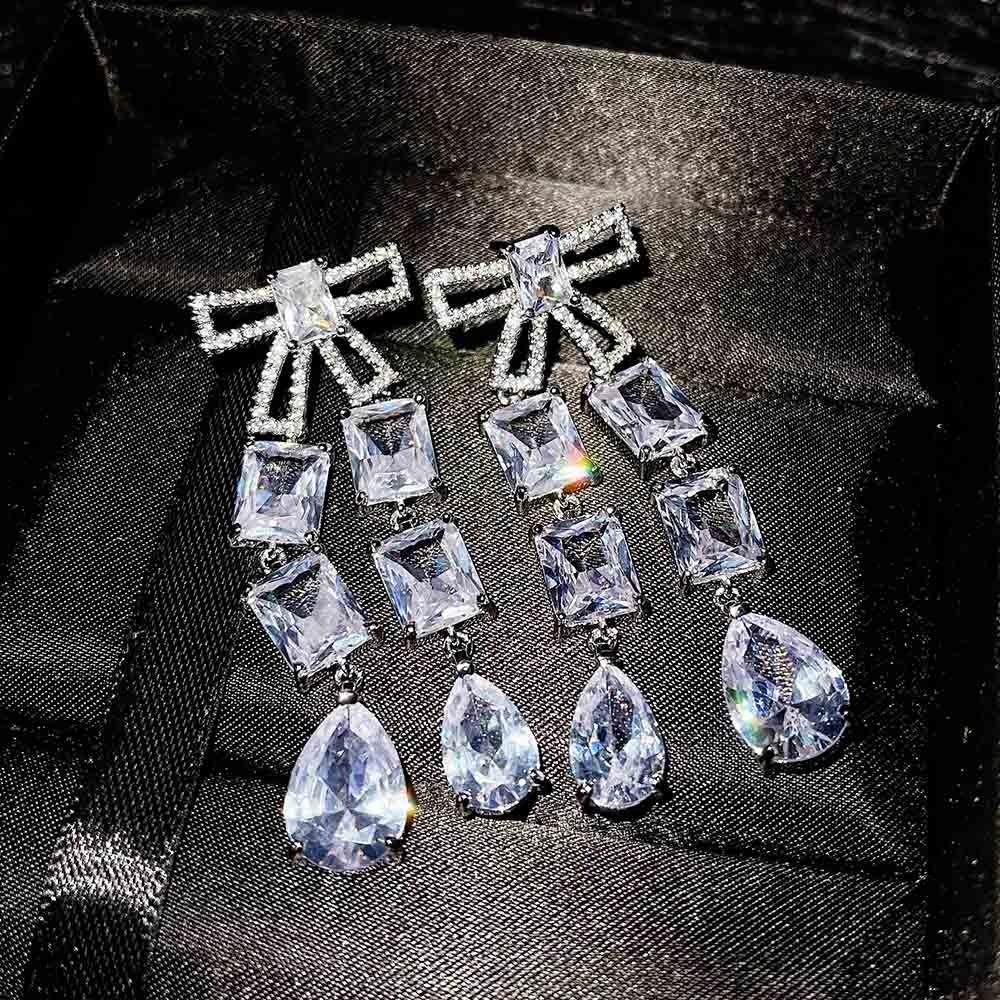 Luxury Commute Bow Drop Zirconia Full Diamond Earrings Long Dangle Earrings for Women