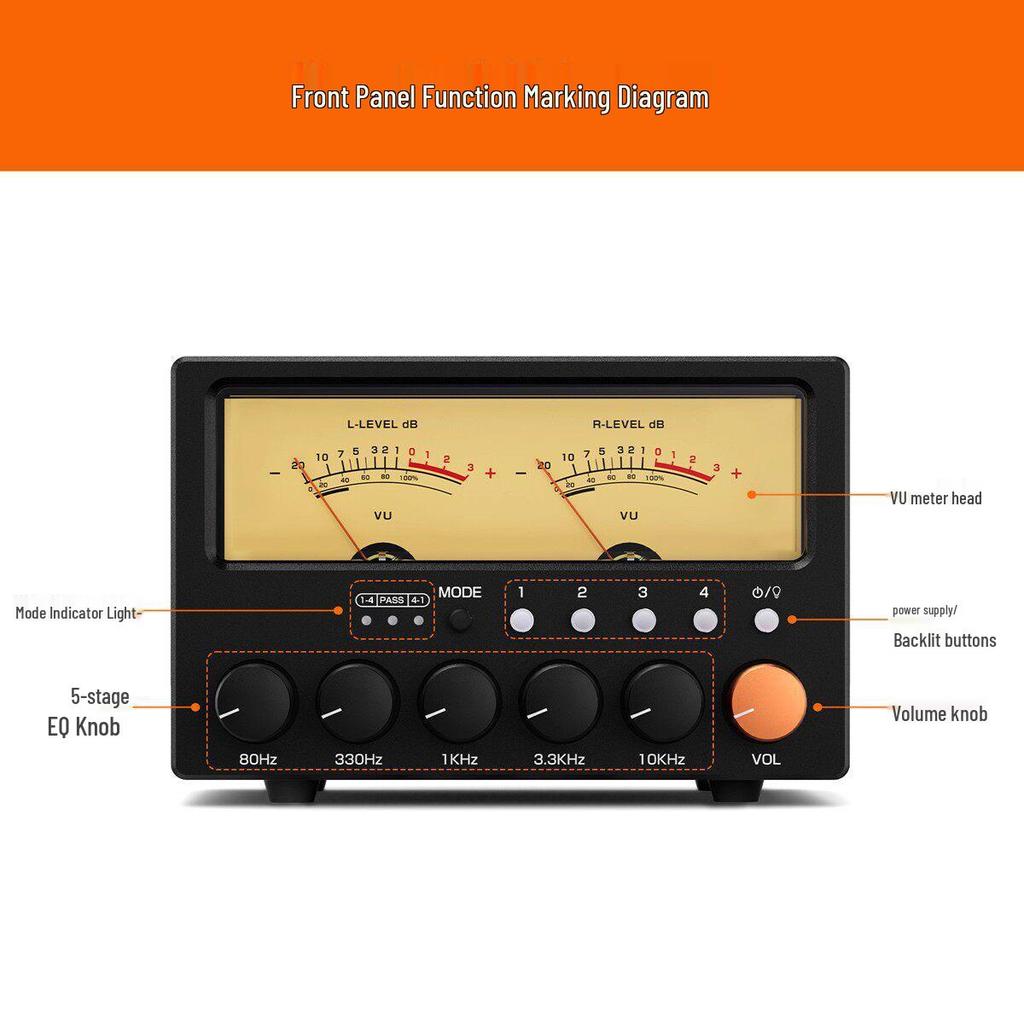 Little Bear D5 4-Way Audio Switcher with 5-Segment Stereo EQ & VU Meter HiFi Preamplifier