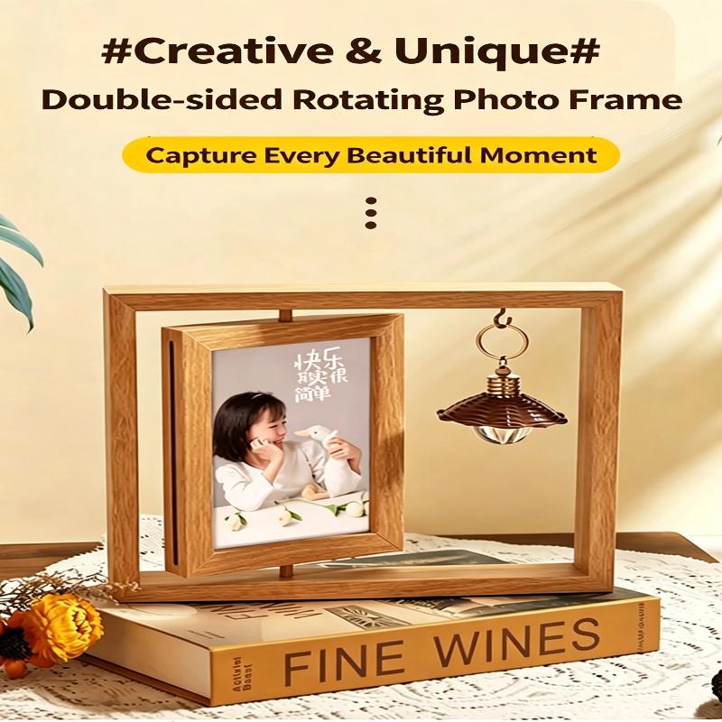 Cornice Portafoto Rotante in Legno Display a Doppia Faccia Ornamento Carino per Casa Ufficio Scrivania Camera da Letto Decorazione