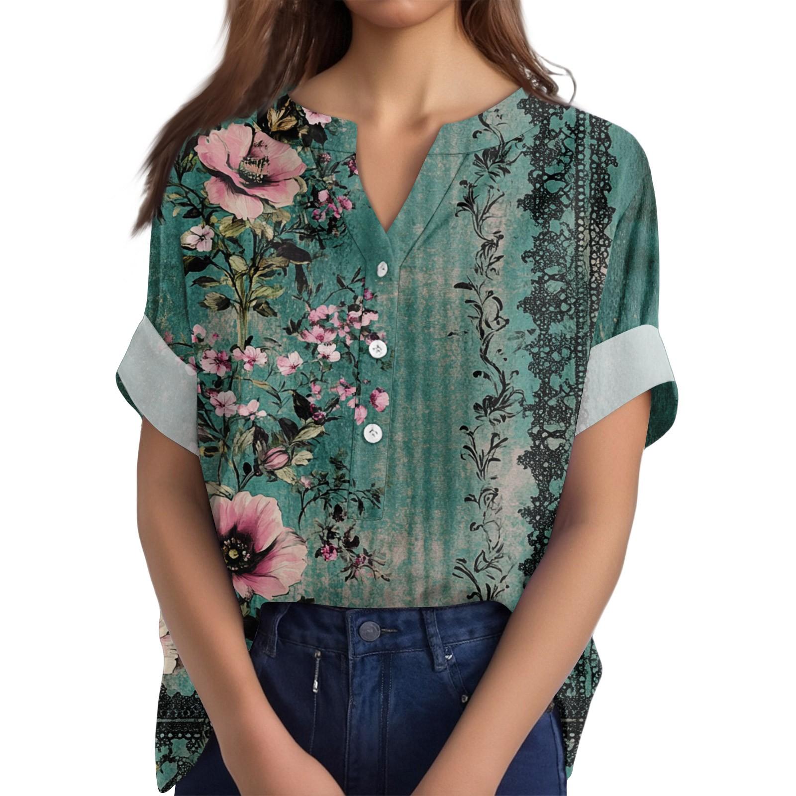 

Женская хлопково-льняная футболка с круглым вырезом, коротким рукавом и пуговицами, футболка с принтом L