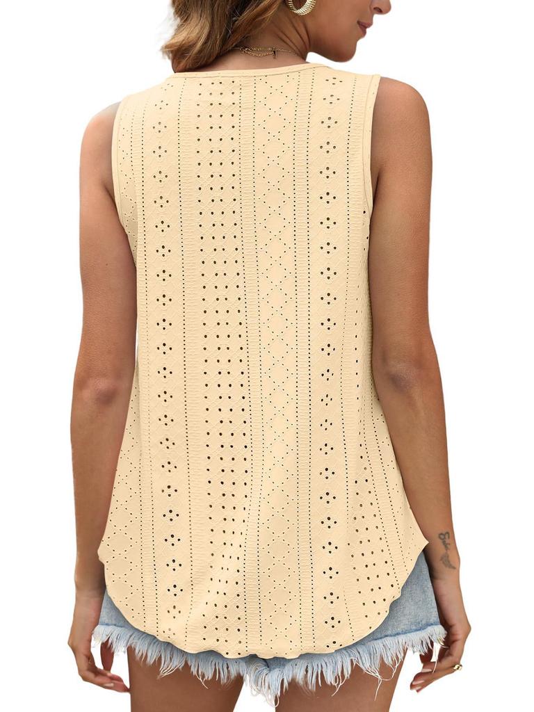 European & American Women's Summer Crew Neck Eyelet Sleeveless Tank Top T-Shirt