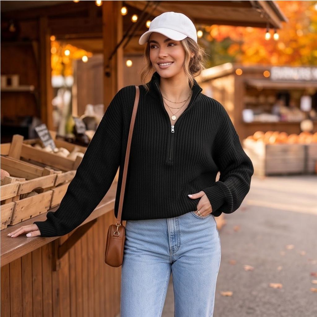 Women's Oversized Knit Pullover Sweater with Zipper, Versatile Casual Top for Fall and Winter