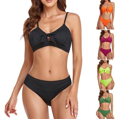 Women's Split Sexy Solid Color High Waist Wave Pattern Bikini With Chest Pad Without Steel Bra Swimsuit