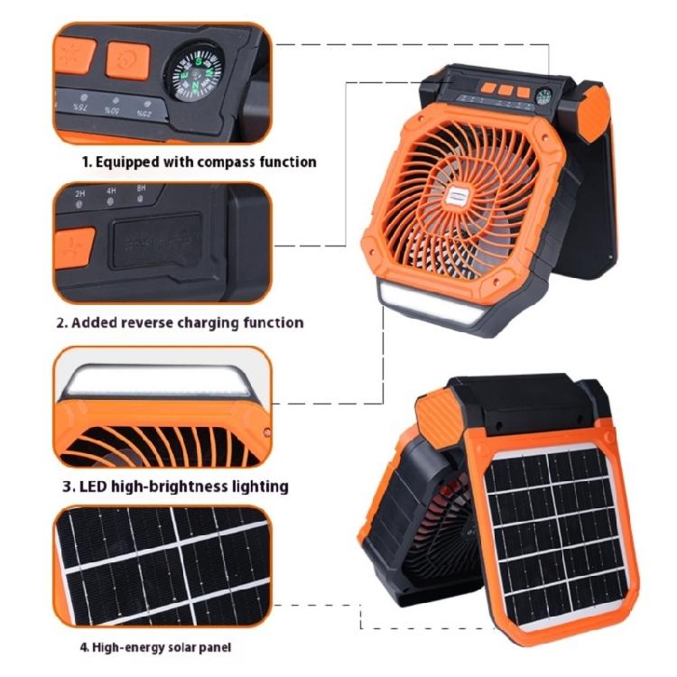 Solar Camping Fan With LED Light 4Adjustable Speed 3Brightness Light Timer Compass Function For Outdoor Tent Activity