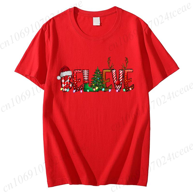 Believe Christmas Print Tshirt for Women Short Sleeve Casual Top Women Streetwear Family Christmas Graphic Tees Vintage Shirt
