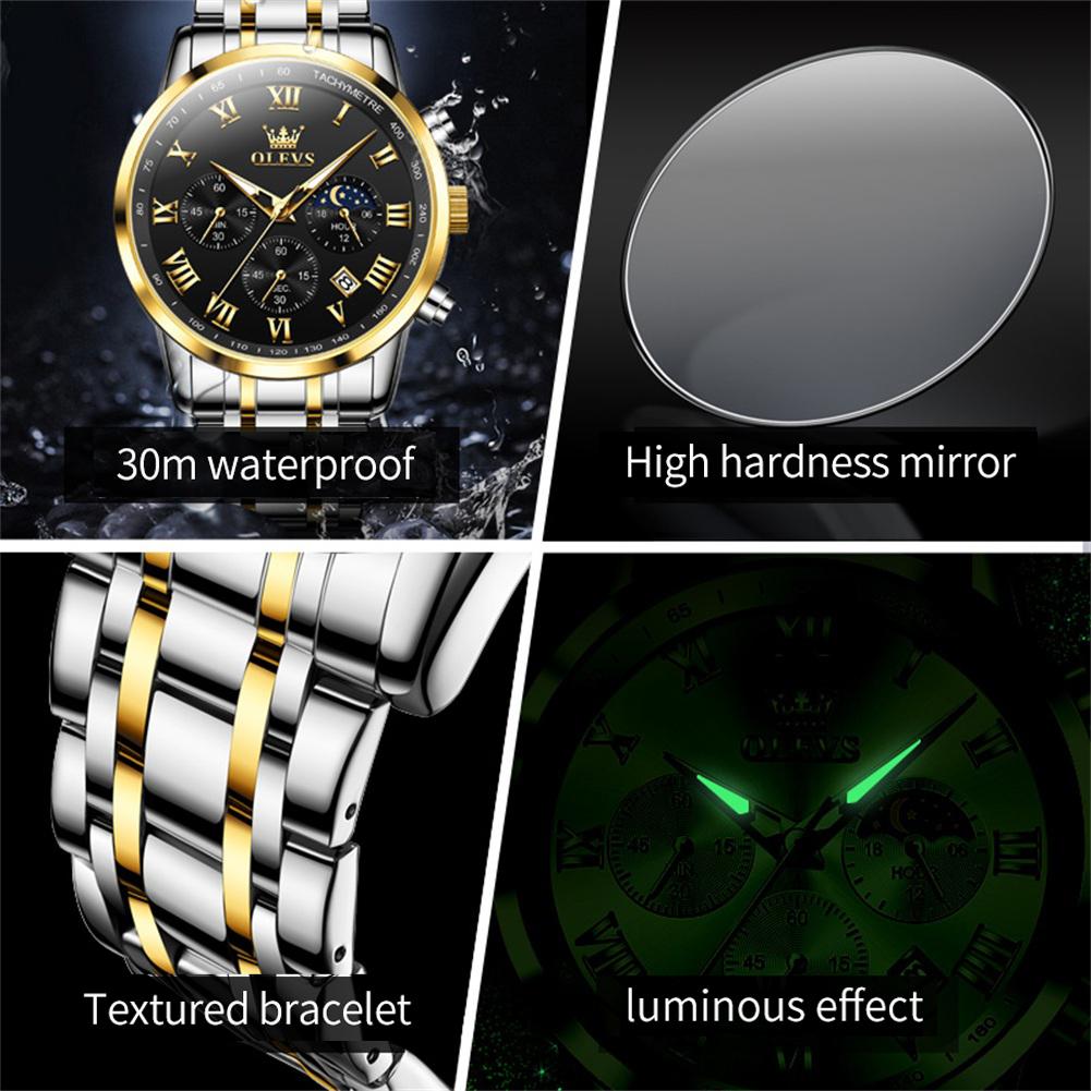 OLEVS Men's Watches Fashion Business Stainless Steel Original Brand Quartz Wristwatch for Man Waterproof Luminous Chronograph