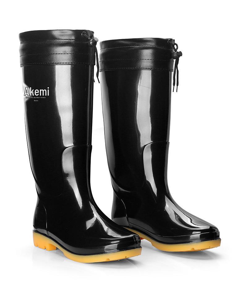 Men's Waterproof Mid & High-Calf Rain Boots: Non-Slip, Fashionable, Warm, Acid & Alkali Resistant, Rubber Sole for Kitchen Work.