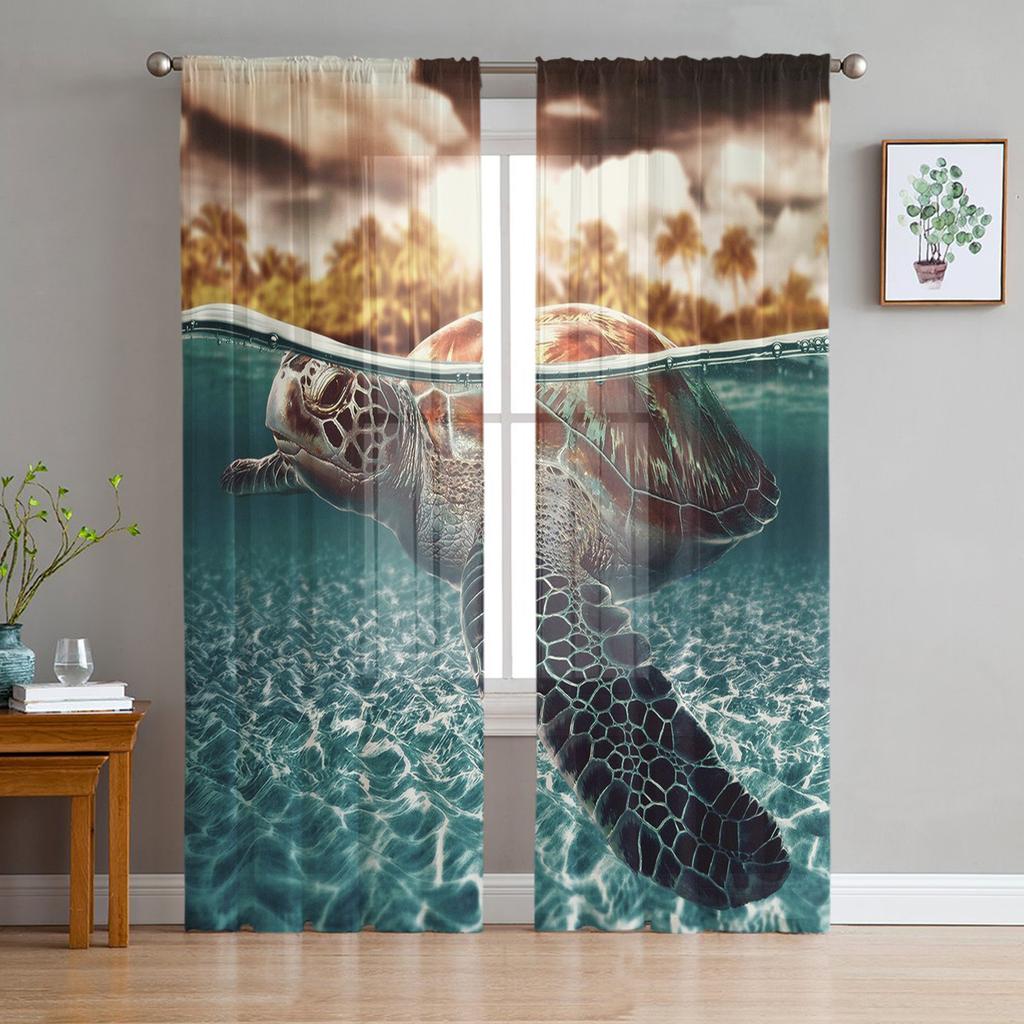 Blue Ocean Green Turtle Tulle Curtains For Living Room Bedroom Decoration Sheer Voile Window Curtains Party Drapes Panels