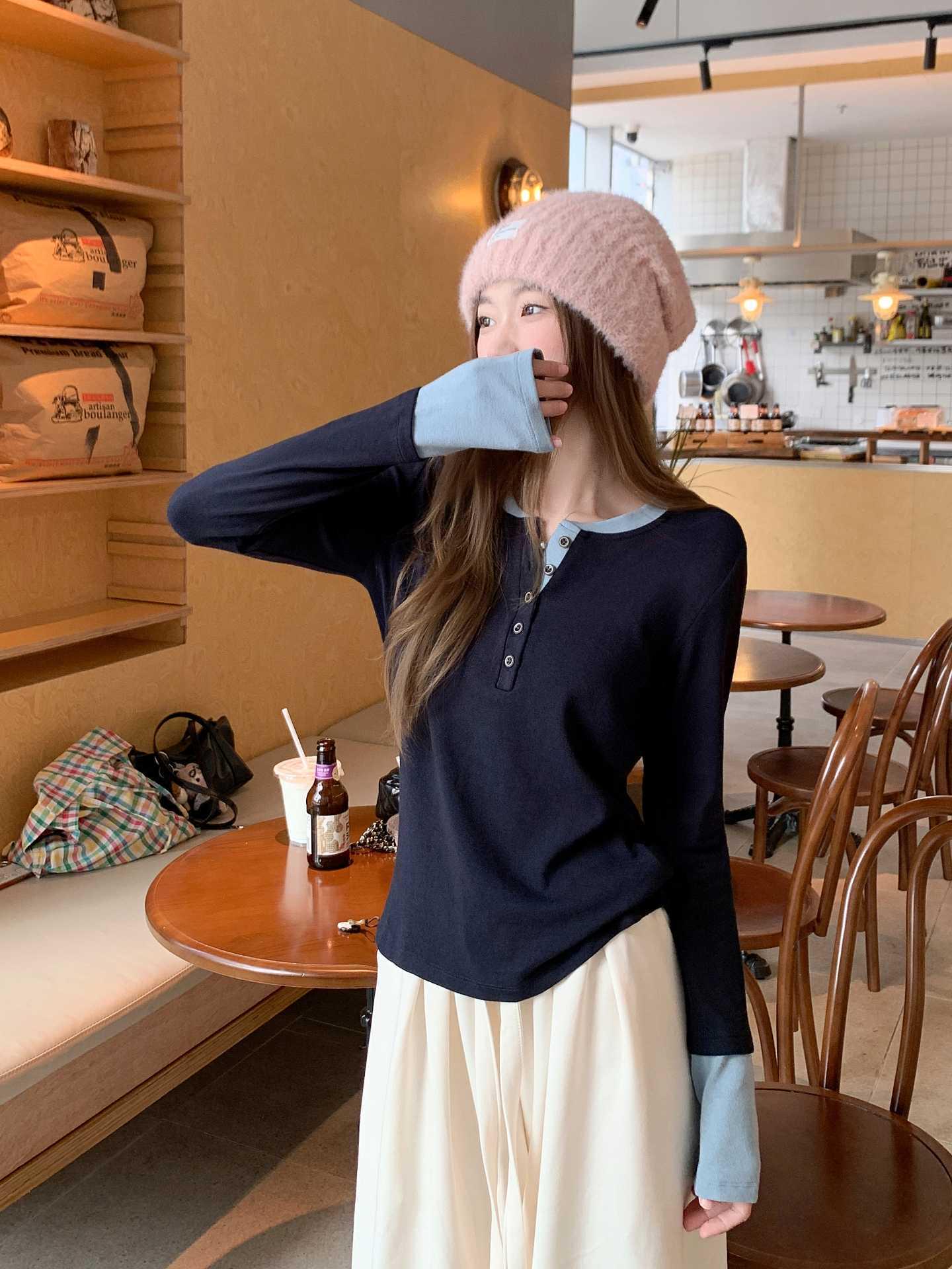 

Women s Brushed Half-Button Solid Color Layered Long Sleeve Top - Autumn/Winter Korean Style Extra Large темно-синий