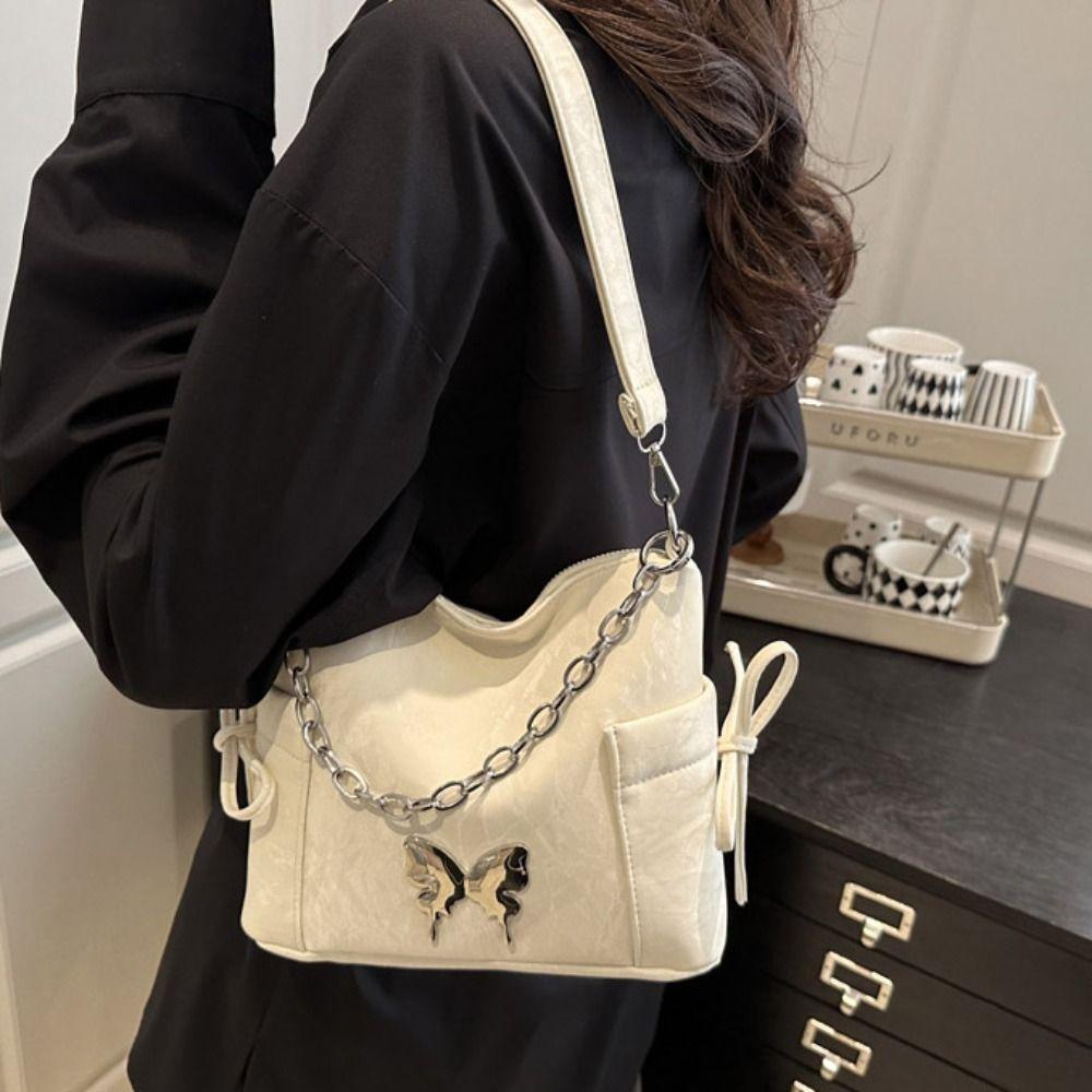 Metal Chain Drawstring Shoulder Bag Pearls Chain Girls Crossbody Bag Work