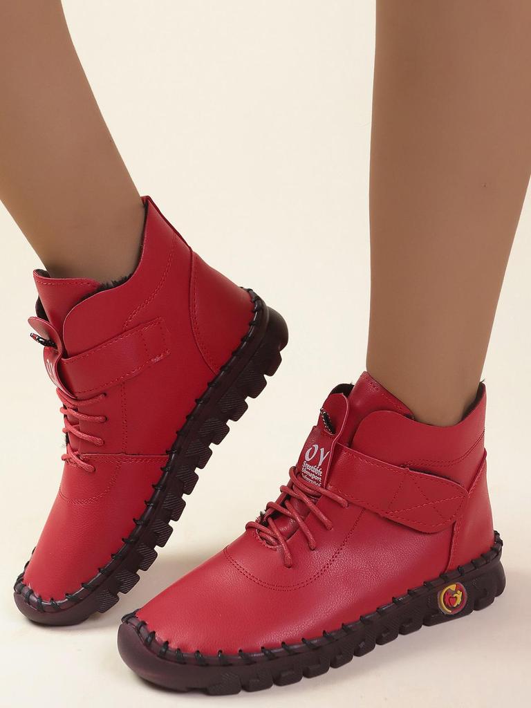 Botines de Invierno Forrados de Felpa para Mujer - Con Cordones, Punta Redonda, Cierre de Velcro, Tallas Grandes