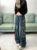American Retro Plaid Patchwork Wide-Leg Jeans for Women