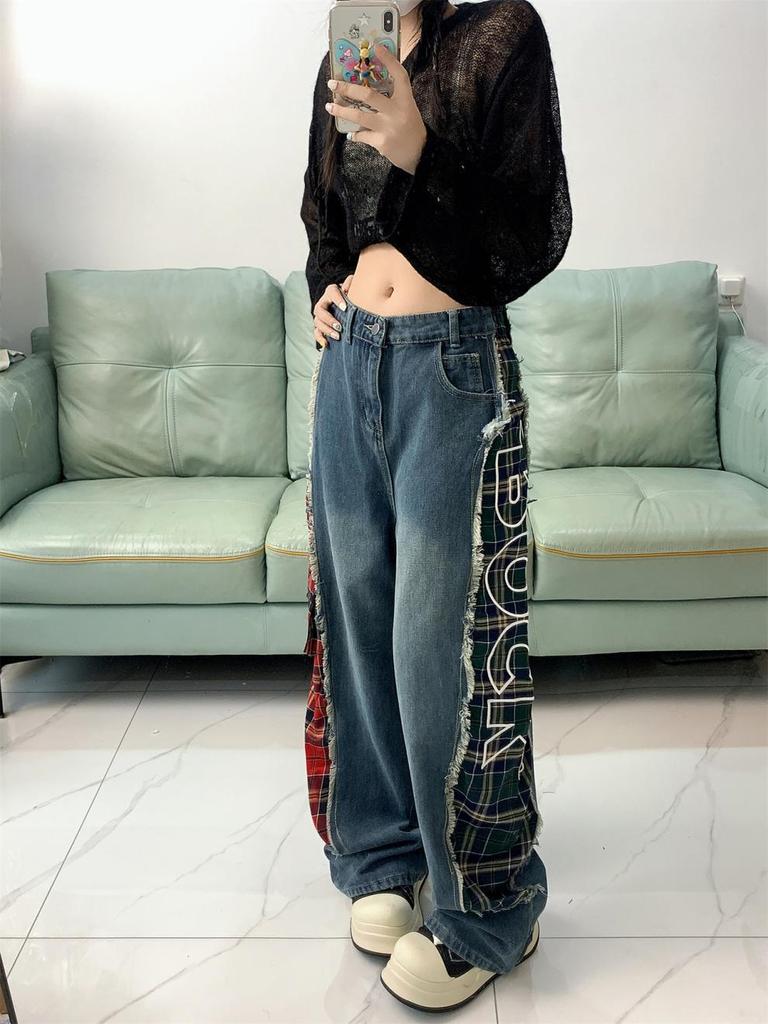 American Retro Plaid Patchwork Wide-Leg Jeans for Women