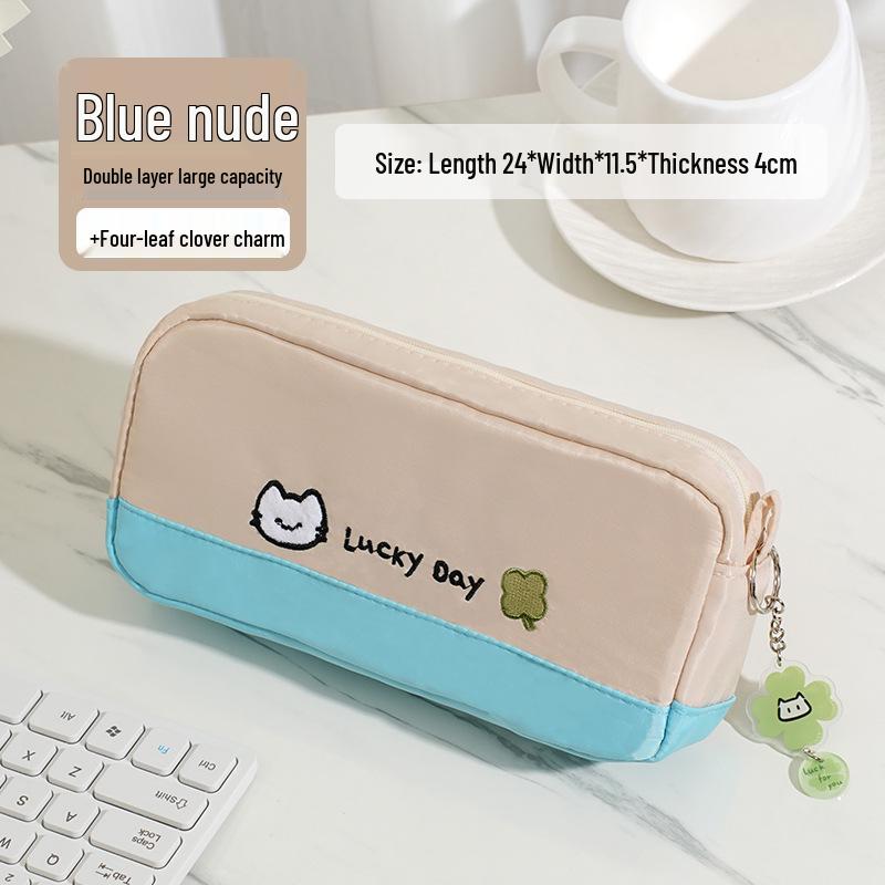 Large Capacity Color-Blocked Kitten & Clover Embroidery Pencil Case