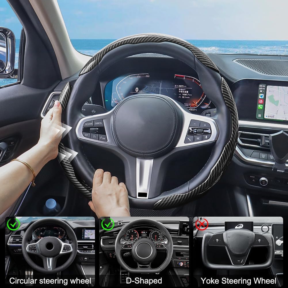 Carbon Fiber Steering Wheel Cover 3PCS, Non-Slip Grip For Universal Cars,Fit For 14–16 Inch Wheels, Interior Accessories For Cars Trucks (Black)