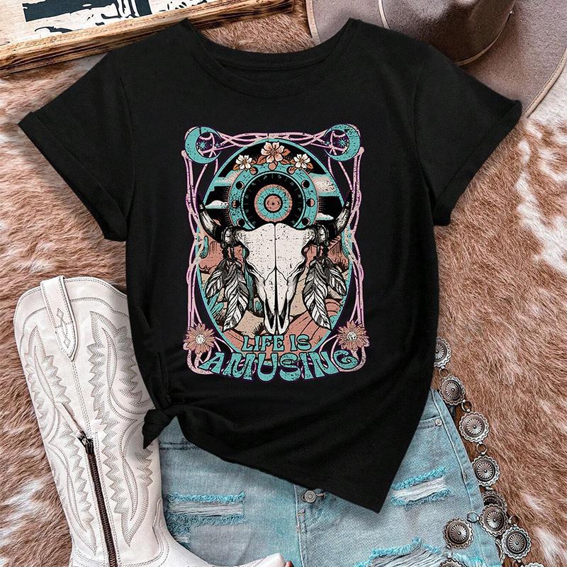 Mode Kvinnor Djur Ko Skelett Blomma Tryck T-shirt Rolig Casual O-hals Kortärmad T-shirt Sommar Dam T-shirt