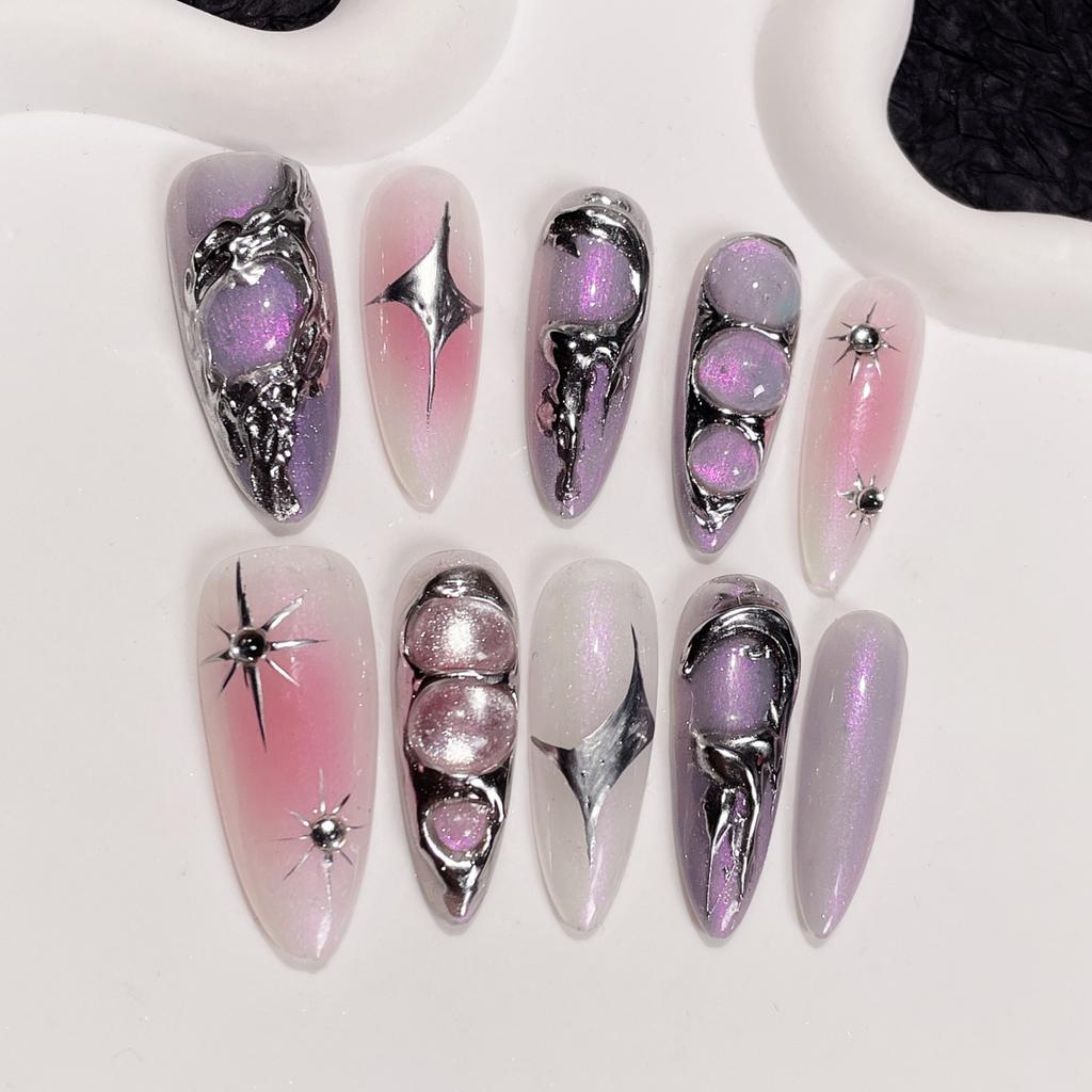 10 Pcs Blue Press On Nails Long Almond Shape With Rhinestone Design Stylish Acrylic Fake Nail Tips Set For Women