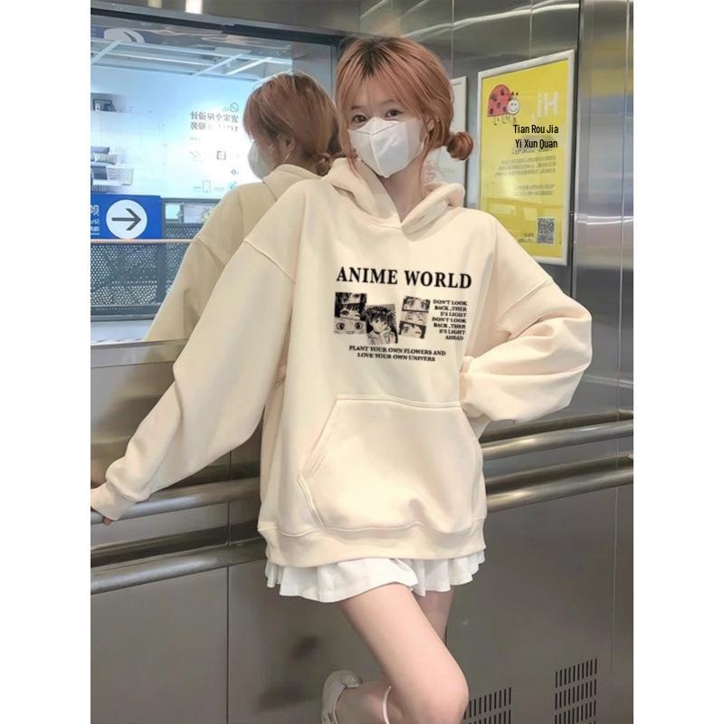 Women's Plus Velvet Hooded Sweatshirt - New Autumn/Winter Loose Fit with High-End Campus Style Design