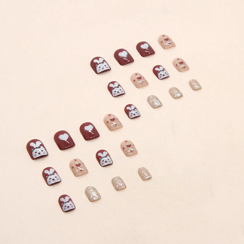 24 Pieces New Year's Atmosphere Shines Bright Red Love Rabbit Manicure Temperament White Fake Nails Wear Nail Pads