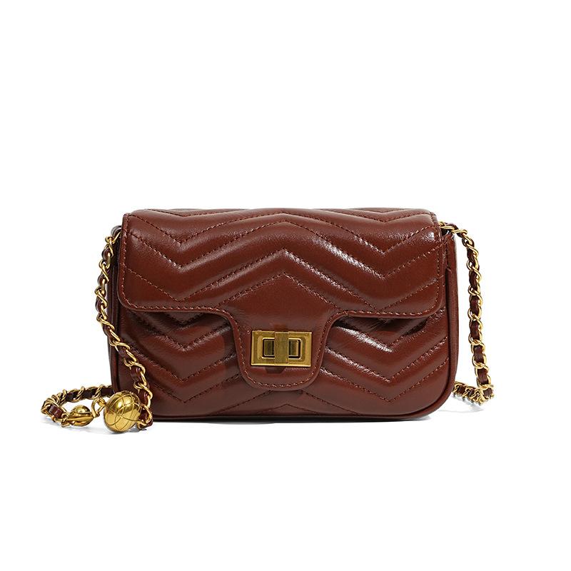 New first-layer cowhide women's bag, genuine leather commuting high-end light luxury chain messenger small square bag