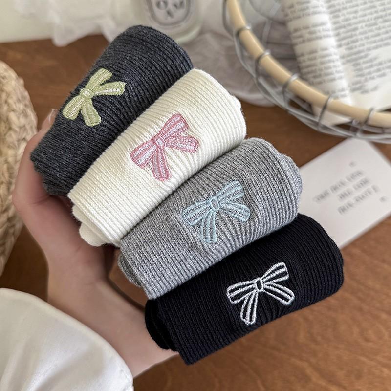 Embroidered Bow Socks Stacking Socks Season Pure Cotton Boneless Double Needle Cute Cotton Medium Tube Socks Women