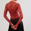 Women Long Sleeve T-Shirts Mesh See-Through Mock Neck Lace Shirts Spring Fall Slim Fit Tops Streetwear