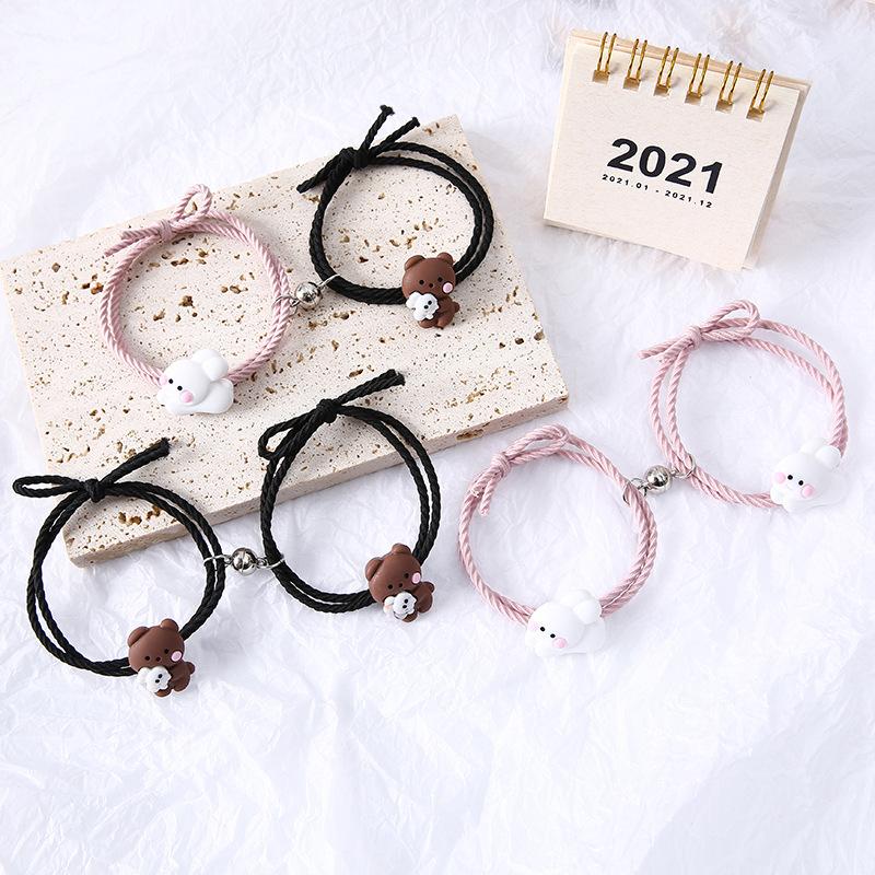2pcs Magnetic Hugging Bear Couple Bracelets Cute Cartoon Couple Little Rubber Band Girlfriend Bracelet Hair Rope