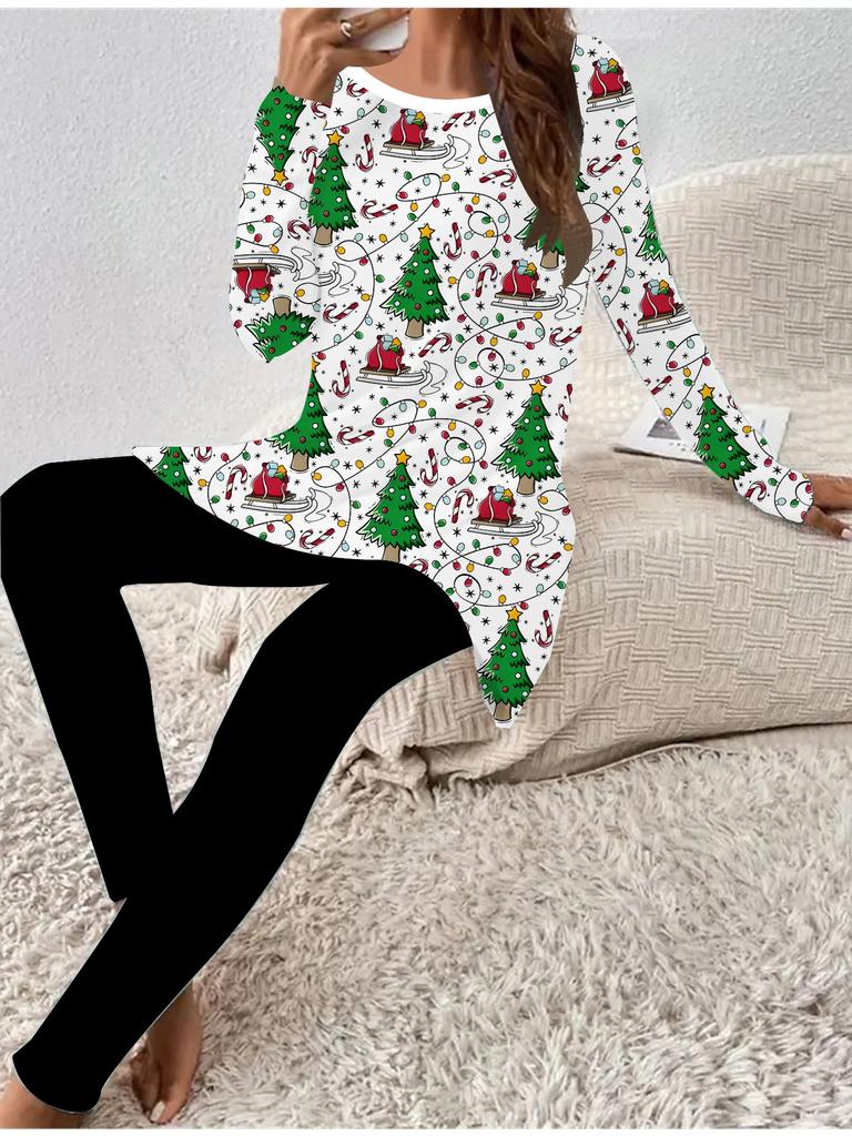 Euro-American Fashion 3D Christmas Printed Women's  Four-season Long-sleeved T-shirt + Long Pants Two-piece Set. Perfect Gift for New Year & Christmas