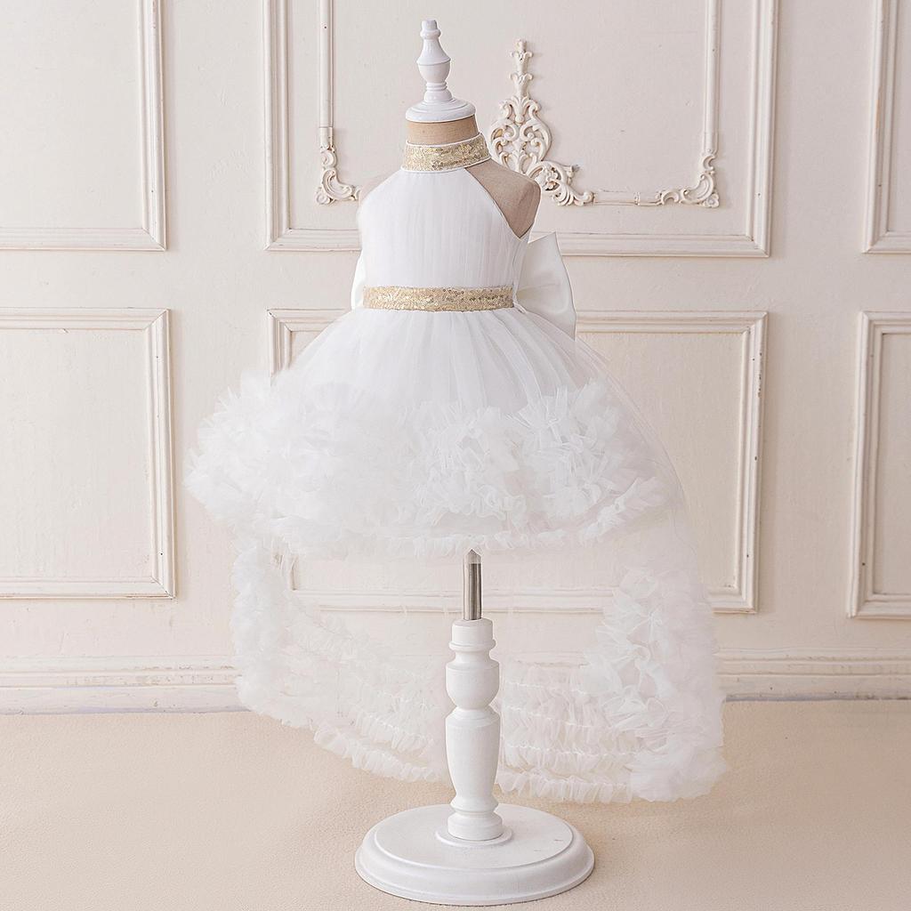 European Newborn Sequined Off-Shoulder Birthday & Christening Gown with Frilled Long Train Skirt