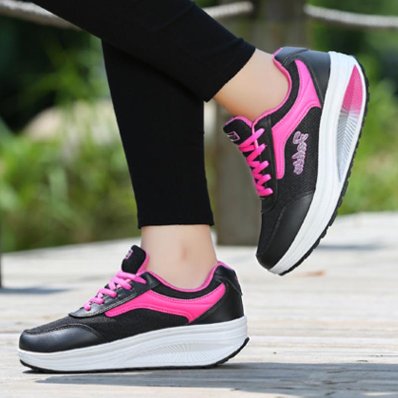 Mode Damen Laufschuhe Sportschuhe Rocker Schuhe Atmungsaktive Plateauschuhe PU-Leder Freizeit Walking Keilabsätze