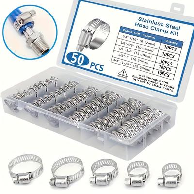 Kit Fascette Stringitubo in Acciaio Inossidabile 50 pezzi, 1/4" a 1-1/8" Bullone a T, Design a Vite Senza Fine, Fascetta Sicura per Idraulica e Automobilistico, Metallo, a Forma di Anello