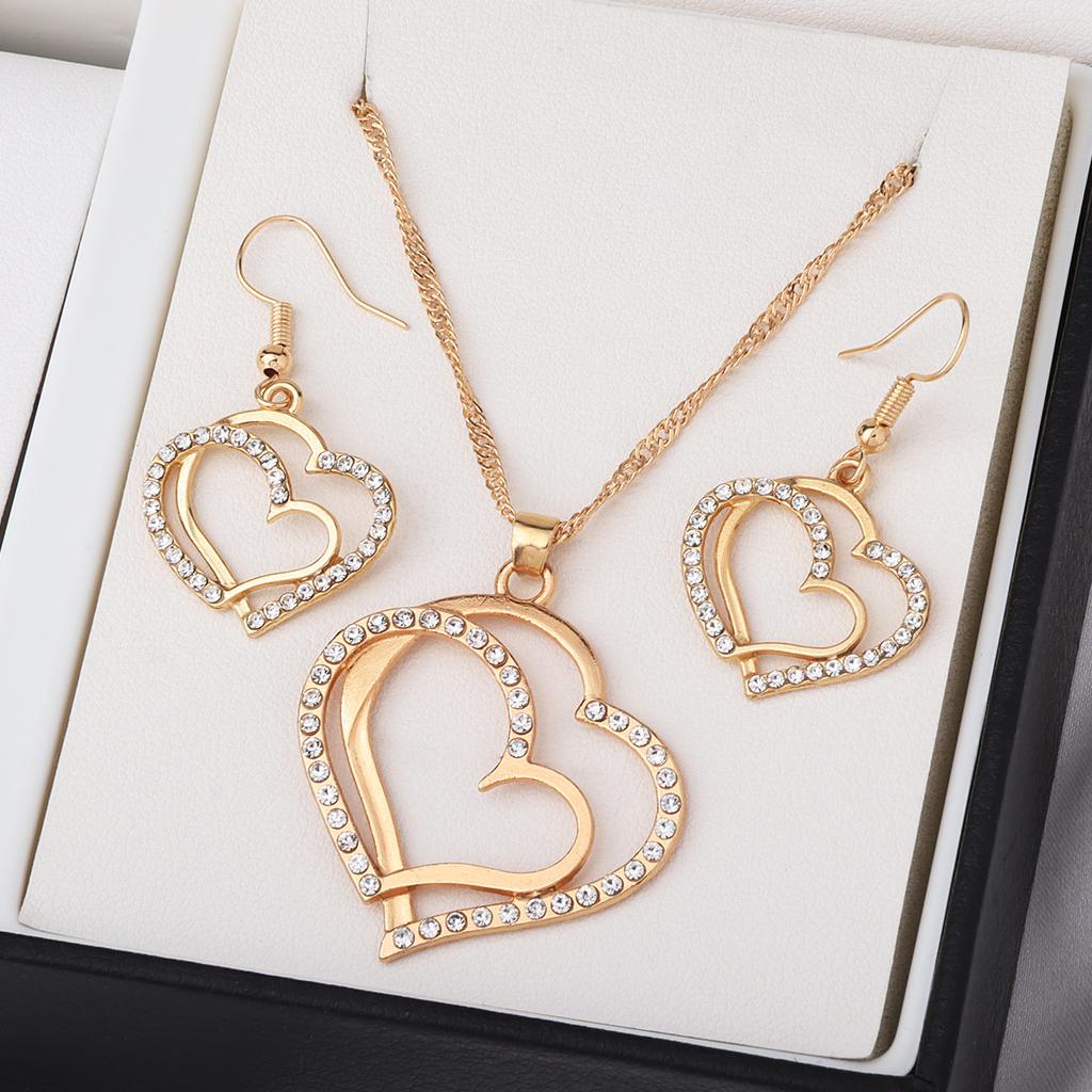 Ladies' Fashion Design Sense Peach Heart Inlaid with Rhinestones Necklace Earrings Zircon Set Wedding Party Holiday Gift