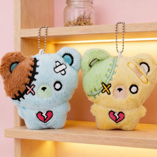 Schlüsselanhänger Quietschender Plüschbär Anhänger Weiches Stressabbau-Spielzeug Buntes Patchwork-Design Puppe Schlüsselring Tasche Schlüssel Dekoration