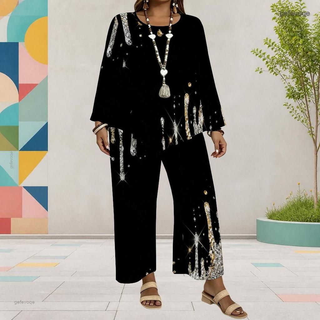 Women Plus Size Black Gold Silver Printed Round Neck Long Sleeve Top Wide Leg Pants Two Piece Set